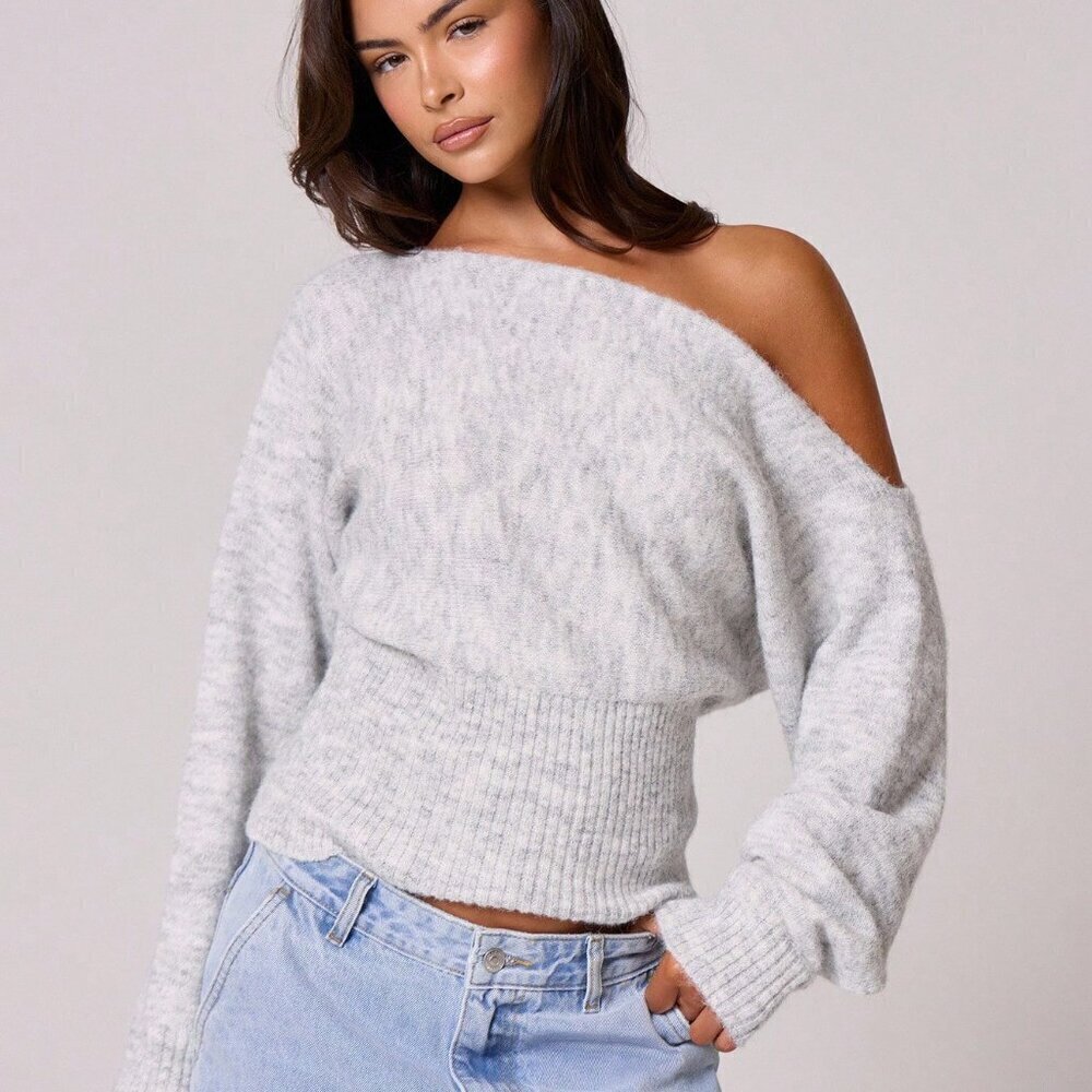 Grey Casual Women's Knit Asymmetrical Shoulder Cinched Waist Sweater Top